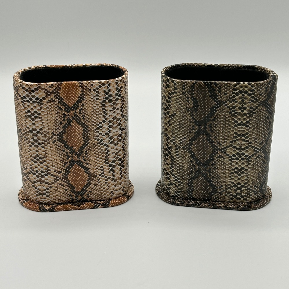 Snakeskin Print SET OF 2 Faux Leather Cosmetic Brush‎ Eyeglass Desktop Holders